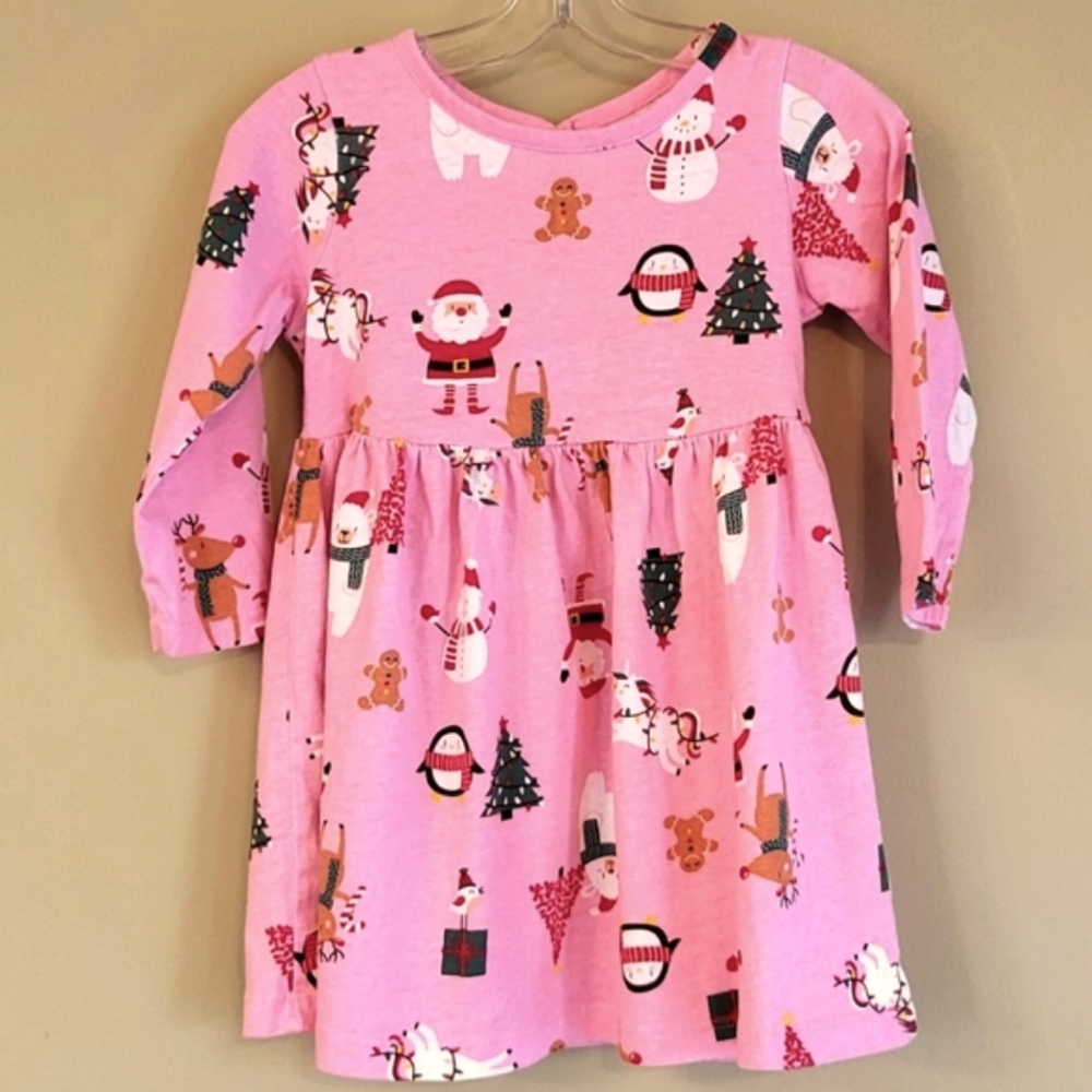 Pink holiday print long sleeve dress